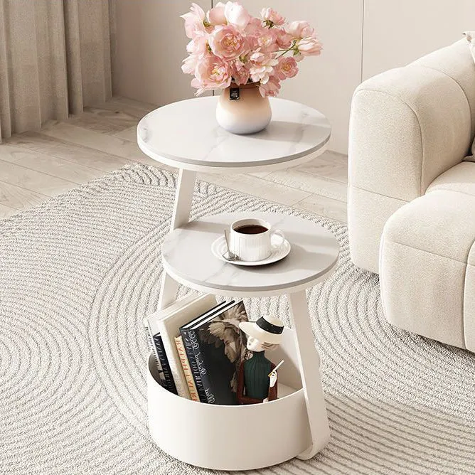 Modern Minimalist Round Sintered Stone Metal Side Table 3-Tier For Living Room