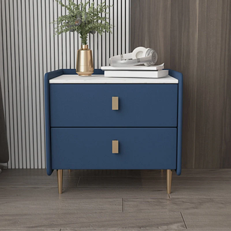 Leather Nightstand with 4 Legs Stone Top Night Table with Drawers