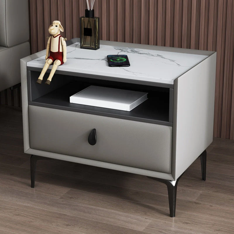 Modern Leather 4 Legs Nightstand Stone Top Night Table with Drawer