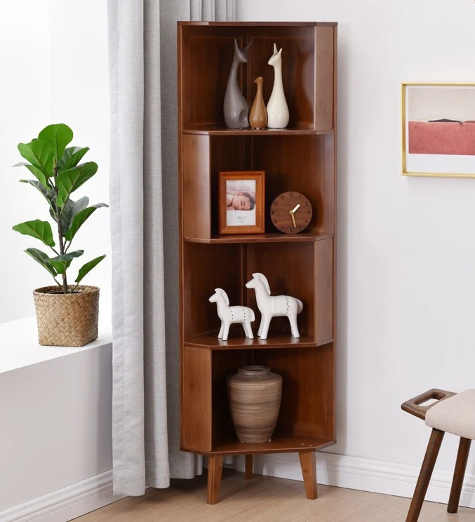 Traditional Vintage Rectangular Moso Bamboo Medium-Density Fiberboard Corner Cabinet 3/4/5-Tier For Living Room