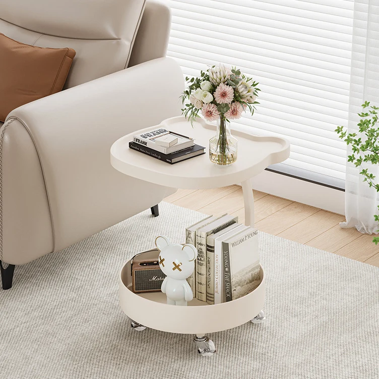 Contemporary Creative Medium-Density Fiberboard Iron Bear-Shaped Movable Side Table 2-Tier For Living Room