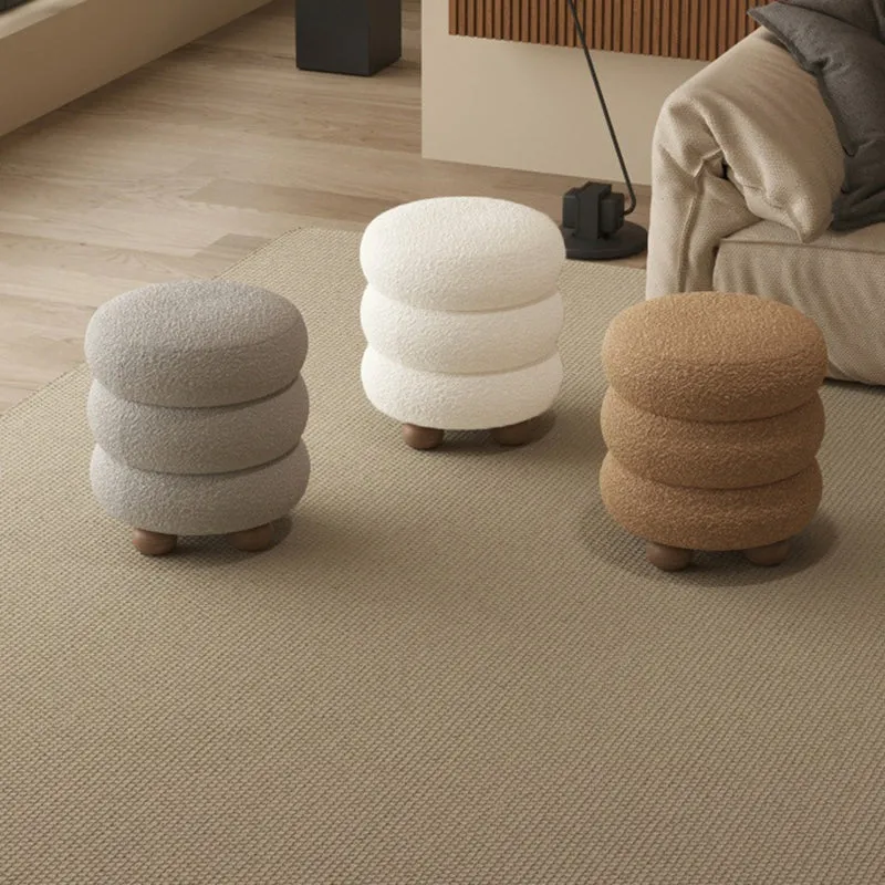 Contemporary Nordic Cylindrical Solid Wood Sherpa Fabric Sponge Vanity Stool For Bedroom