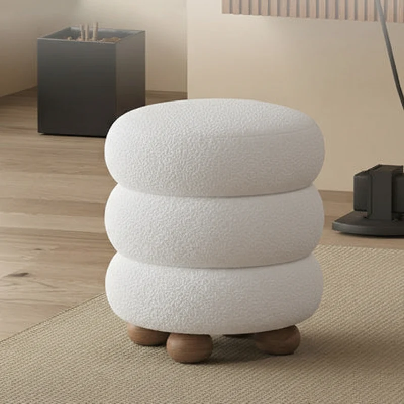 Contemporary Nordic Cylindrical Solid Wood Sherpa Fabric Sponge Vanity Stool For Bedroom