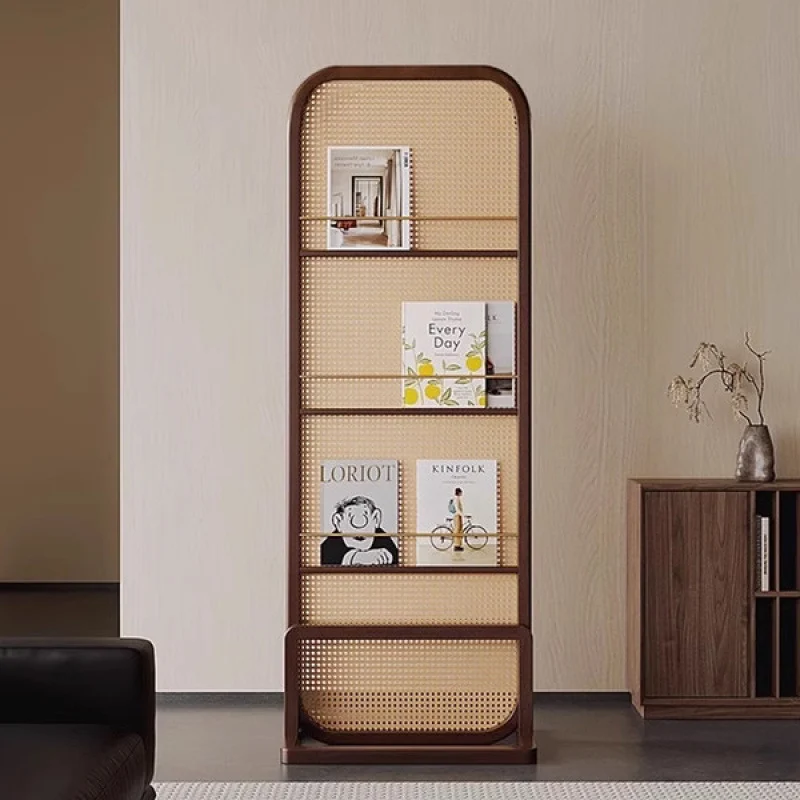 Traditional Chinese Rubberwood PE Rattan Room Divider With 3-Tier Storage Shelf For Living Room