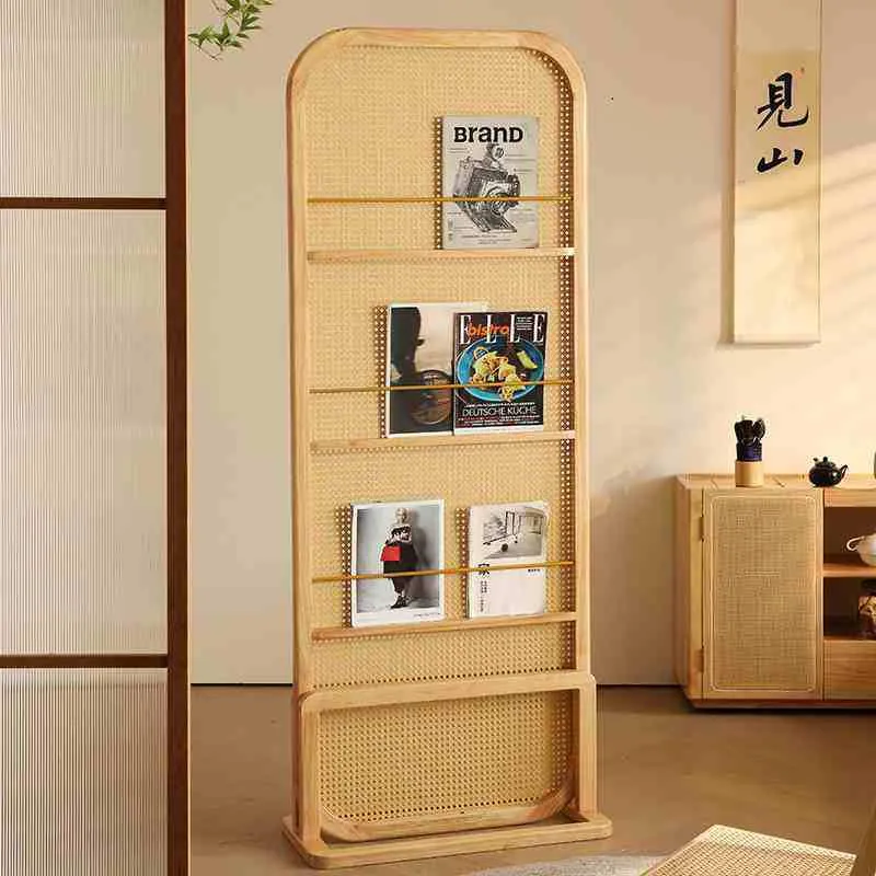 Traditional Chinese Rubberwood PE Rattan Room Divider With 3-Tier Storage Shelf For Living Room