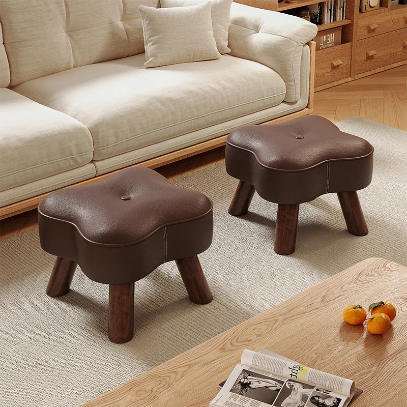 Traditional Vintage Solid Wood Faux Leather Sponge Low Stool Backless Armless For Entryway