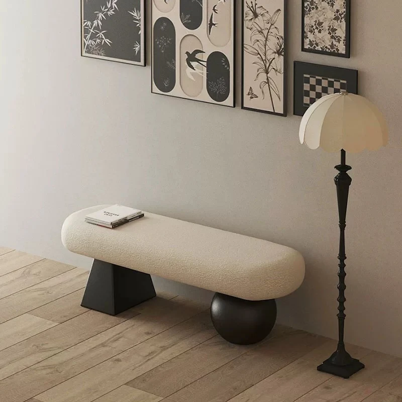 Contemporary Nordic Oval Carbon Steel Plywood Sherpa Fabric Sponge Bench Backless Armless For Entryway