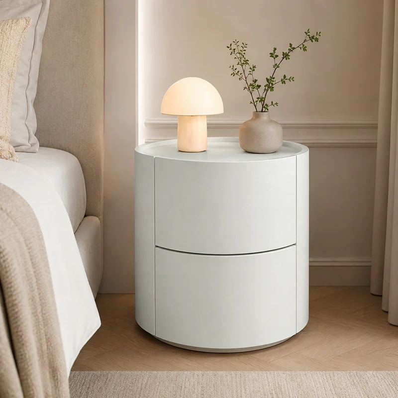 Modern Minimalist Round Solid Wood Plywood Wrought Iron Nightstand With 2-Drawer For Bedroom