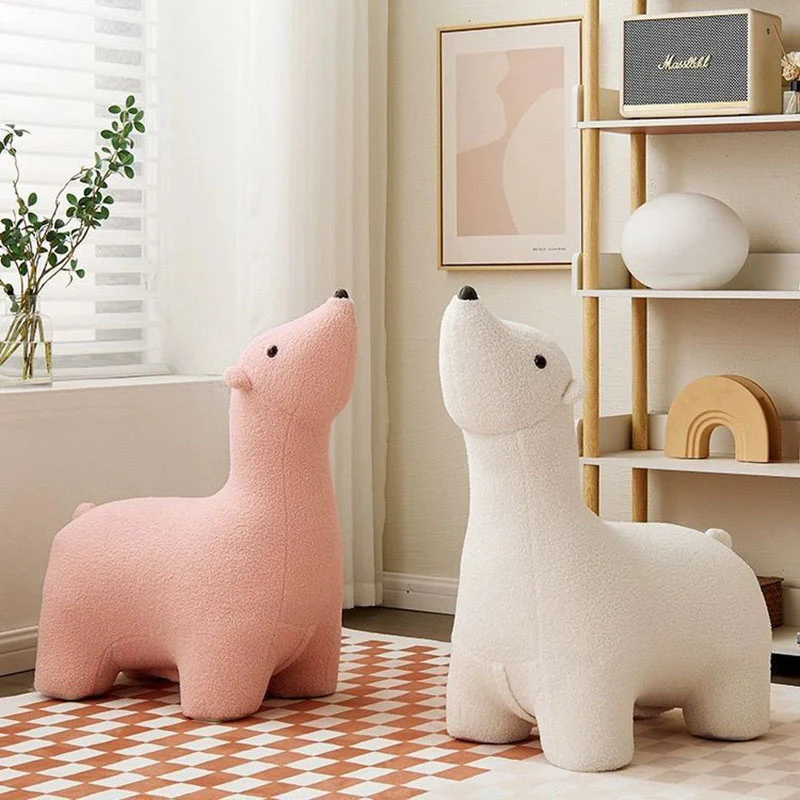 Contemporary Creative Polar Bear Solid Wood Sherpa Fabric Kids Stool Movable For Living Room