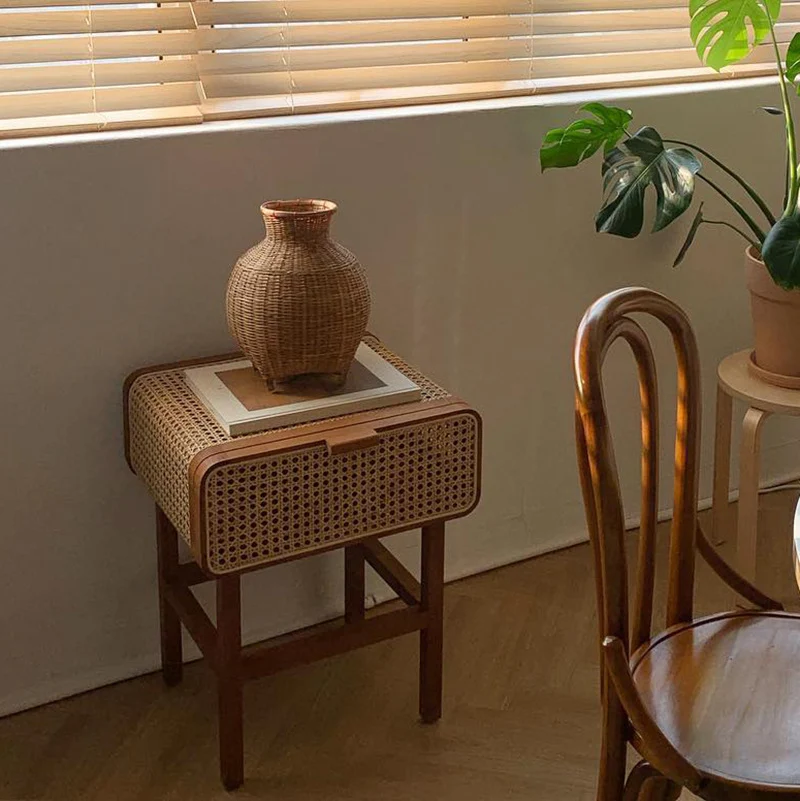 Traditional Japanese Rounded Corner Design Ash Wood Rattan Weaving End Table With 1-Cabinet For Bedroom