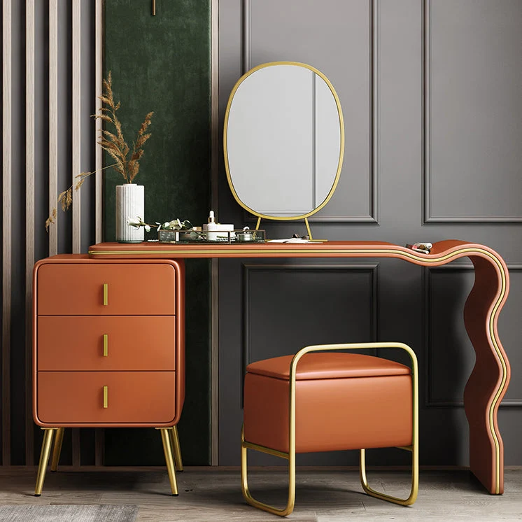 Vanity Faux Leather Makeup Dressing Table with Mirror and Stool Set