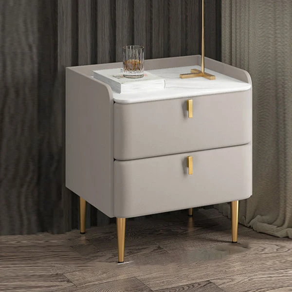 Luxury Stone Top Nightstand 18.5" Tall Leather Night Table with Drawers