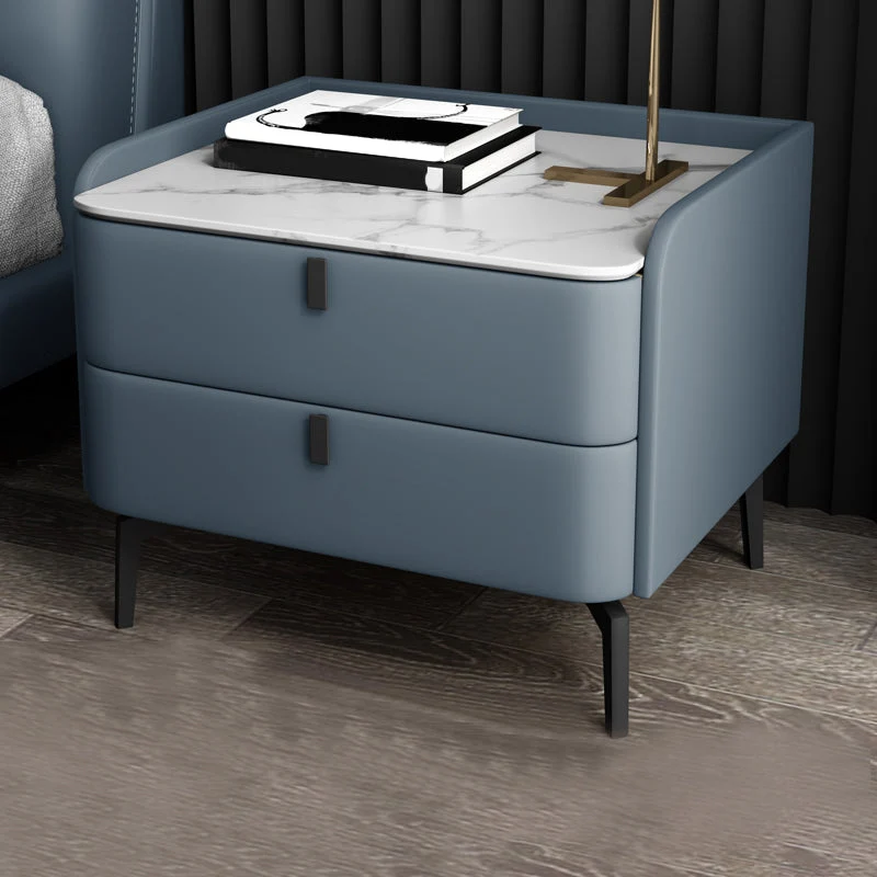 Modern 20-inch Tall Solid Wood Night Table 2-Drawer Stone Top Nightstand
