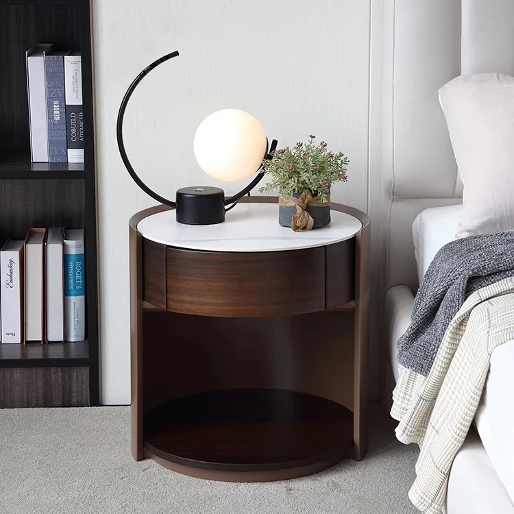 Traditional Chinese Sintered Stone Medium Density Fiberboard Round Cylinder Nightstand 2-Tier For Bedroom