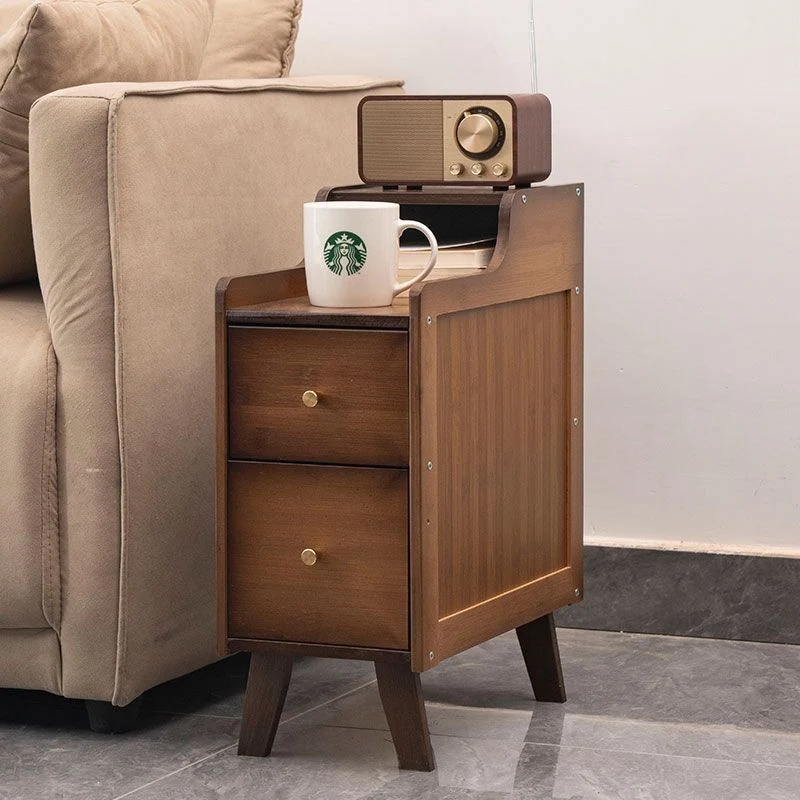 Traditional Chinese Bamboo Solid Wood Square Curved Nightstand 2-Drawer For Bedroom
