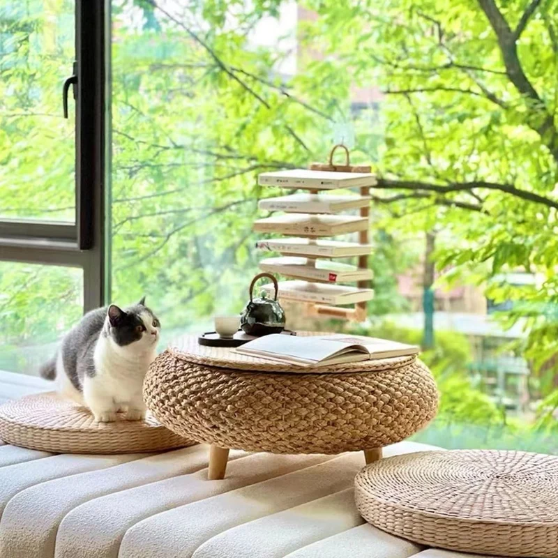 Traditional Japanese Round Rattan Mat Side Table Solid Wood Frame Side Table 1-Storage For Living Room