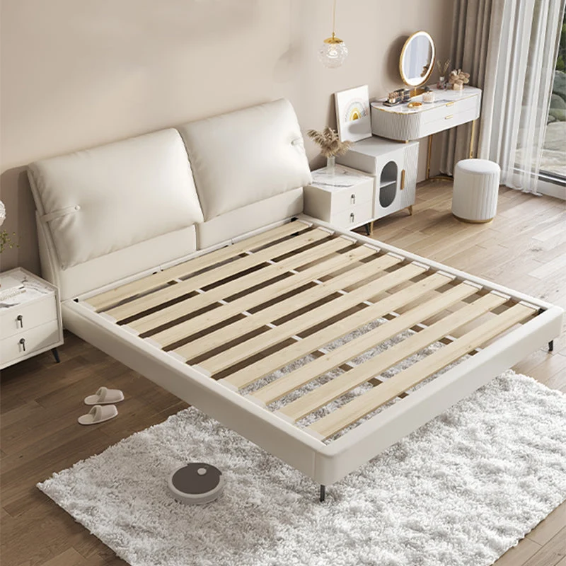 Modern Genuine Leather Bed Frame Pine Wood Panel Bed with Upholstered Headboard