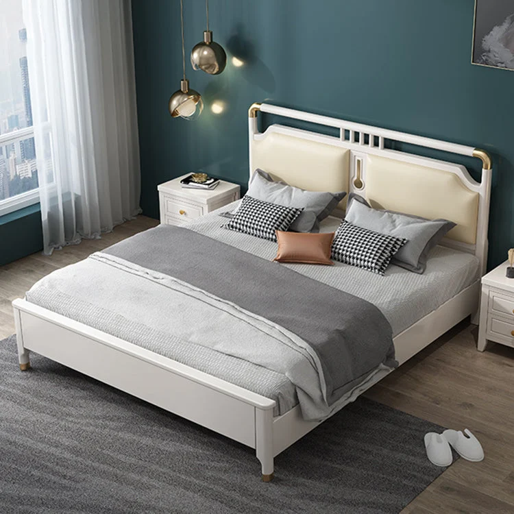 Glam Rubberwood Open-Frame Bed 45.28-Inch H White Bed Frame with Headboard