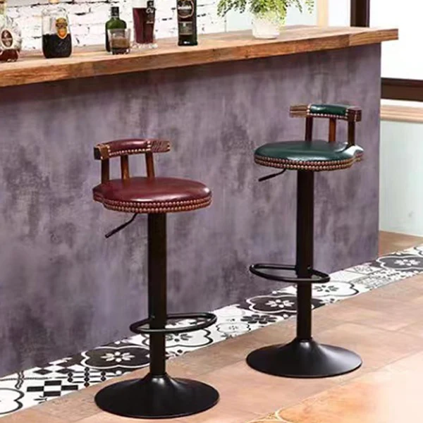 Contemporary Luxury Round Faux Oil-Waxed Leather Iron Bar Stool Backrest Footrest For Dining Room