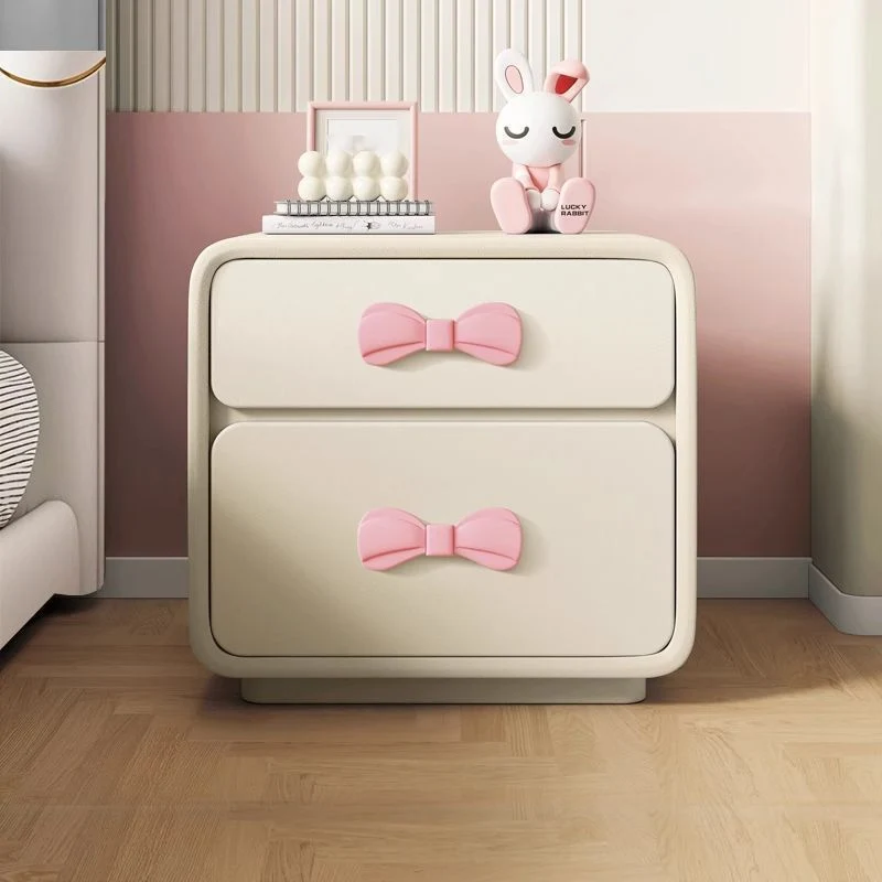 Modern Art Deco Rectangular Bowknot Plywood Cat-Scratch Leather MDF Kids Nightstand 2-Drawer For Bedroom