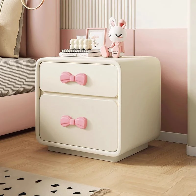 Modern Art Deco Rectangular Bowknot Plywood Cat-Scratch Leather MDF Kids Nightstand 2-Drawer For Bedroom