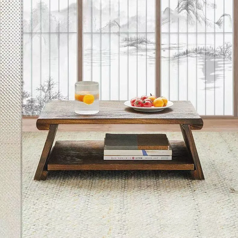 Traditional Japanese Solid Wood Rectangle Coffee Table 2-Tier For Living Room