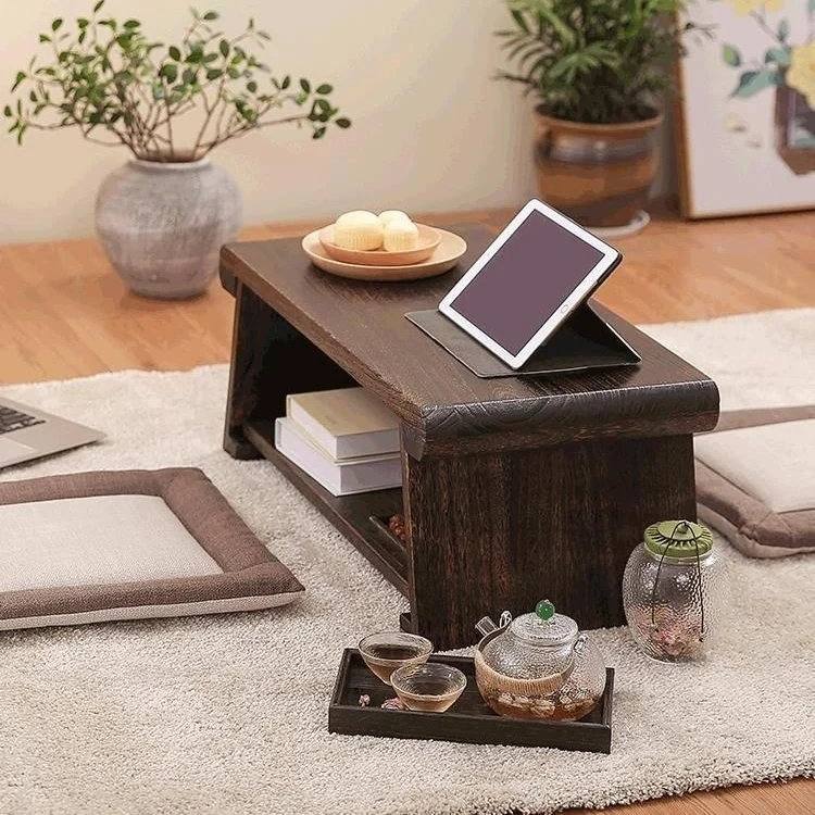 Traditional Japanese Foldable Elm Wood Rounded Rectangle Coffee Table 2-Tier For Living Room