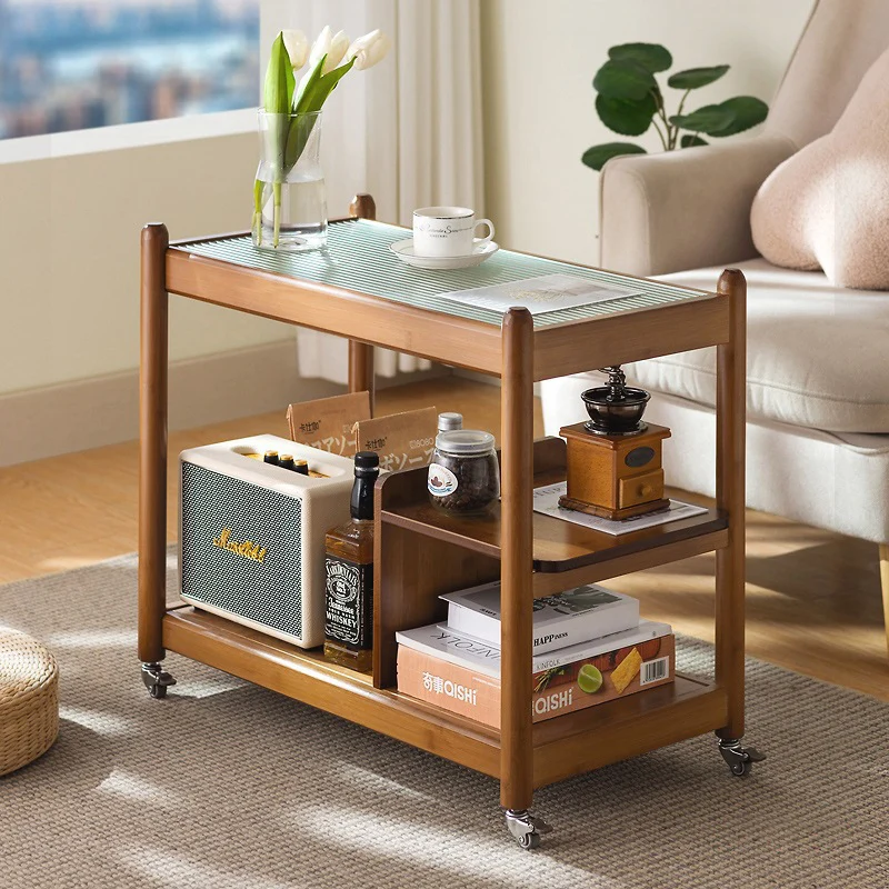 Traditional Vintage Glass Bamboo Movable Rectangular Side Table 3-Tier For Living Room