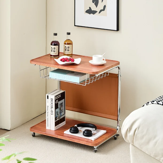 Modern Minimalist Movable Square PU Leather Carbon Steel MDF Side Table 3-Tier For Living Room