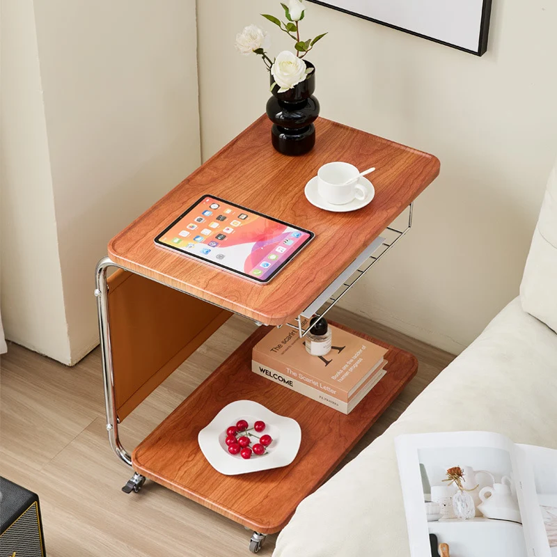 Modern Minimalist Movable Square PU Leather Carbon Steel MDF Side Table 3-Tier For Living Room