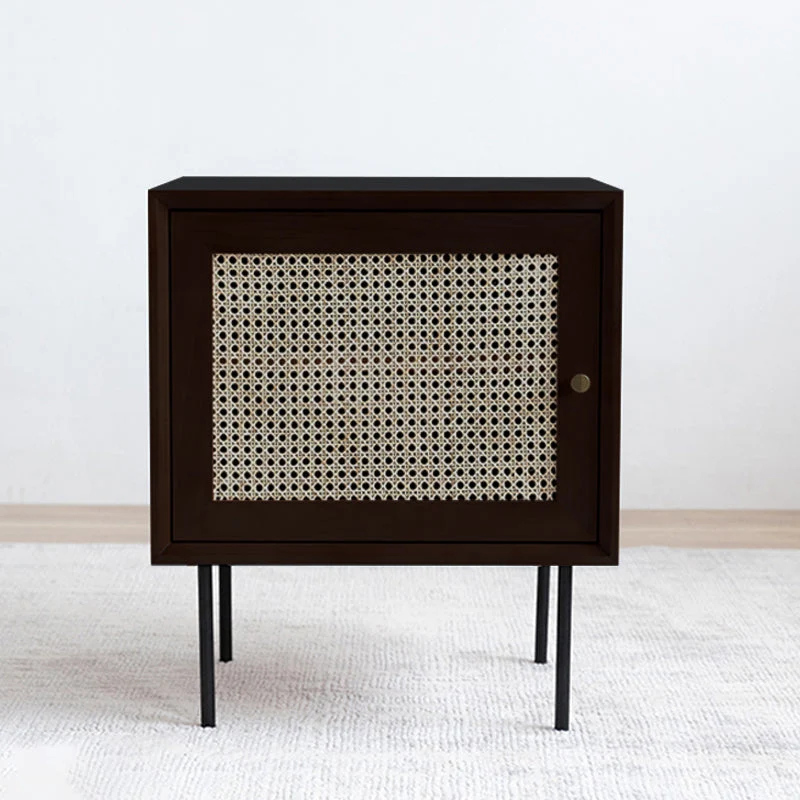 Pine and Rattan Bed Nightstand Contemporary Bedside Cabinet with 1 Door