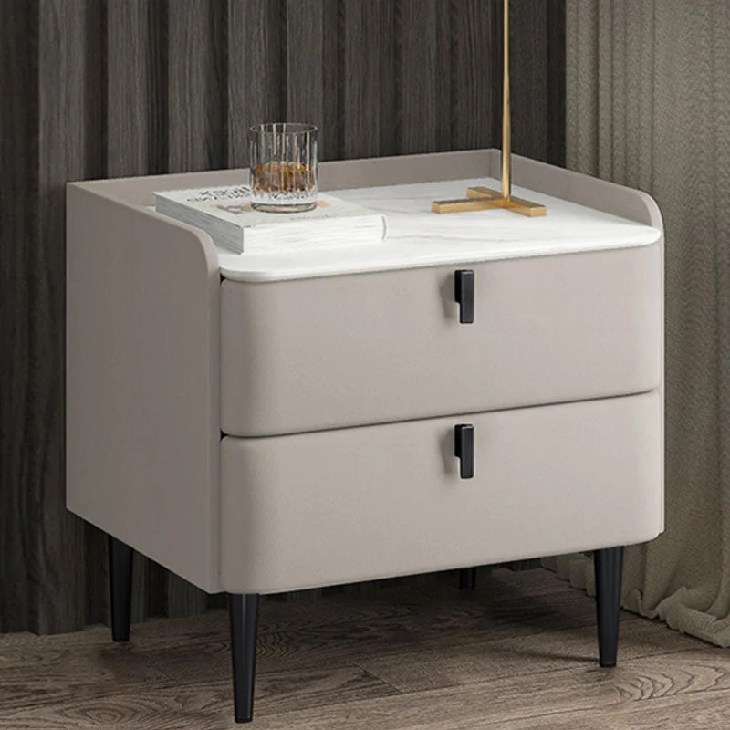 Contemporary Solid Wood Nightstand Stone Top Night Table with Drawers