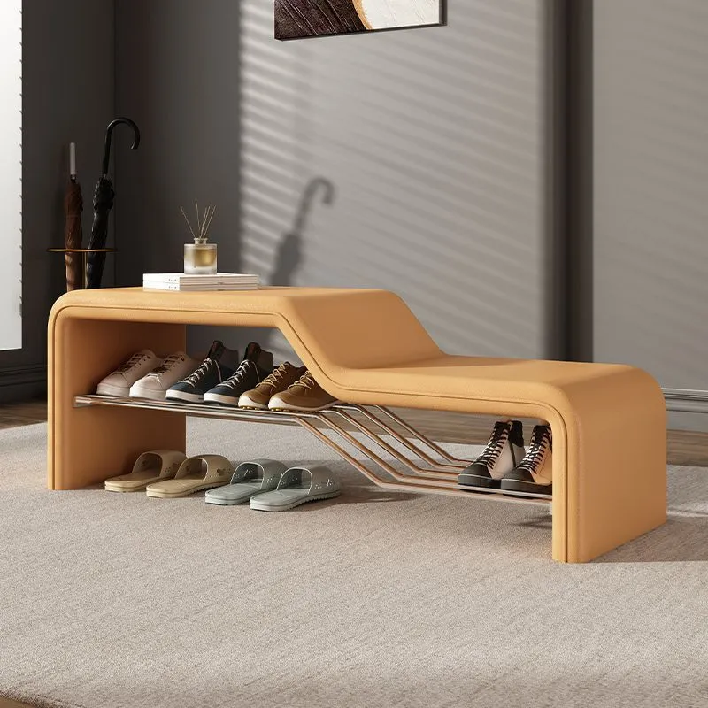 Modern Minimalist Sponge Faux Leather Solid Wood Metal Rectangular Shoe Bench Armless For Entryways