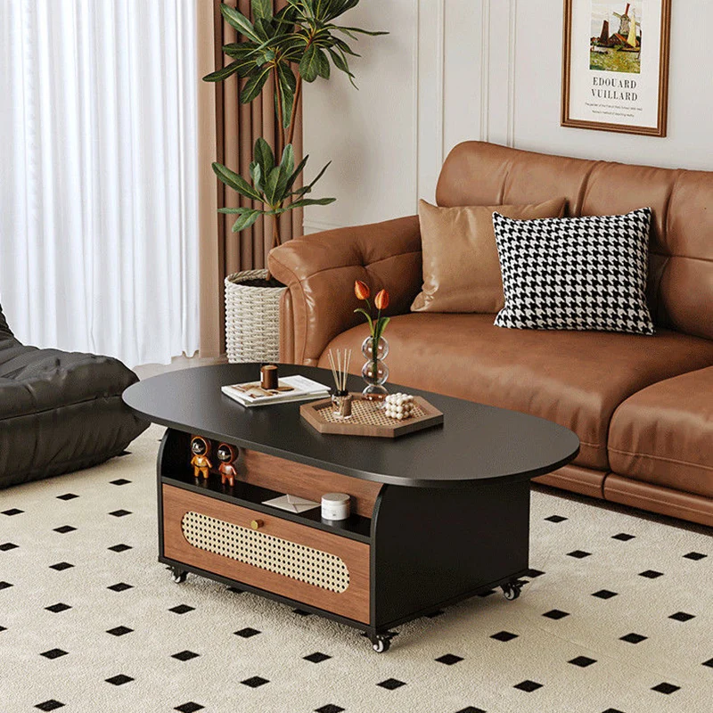 Traditional Vintage Liftable Oval Plywood Carbon Steel Metal Glass Plastic Rattan Weaving Movable Coffee Table 1-Drawer For Living Room