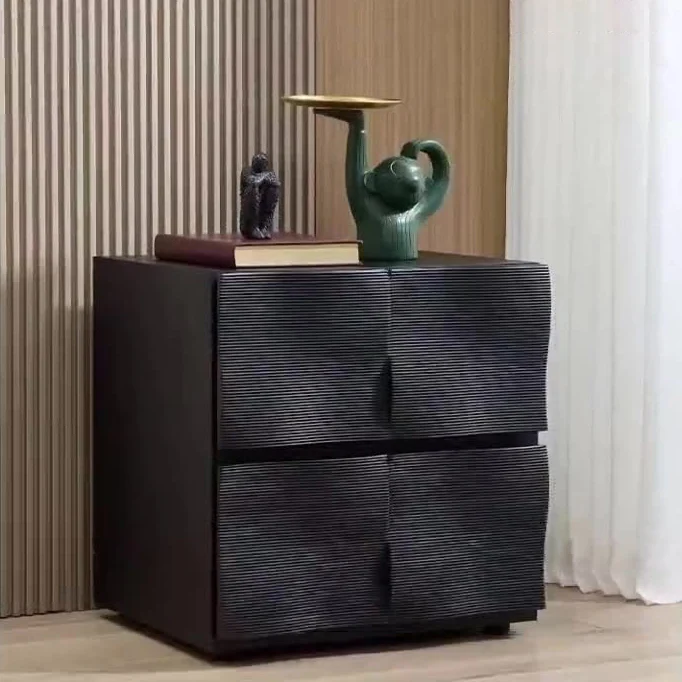 Contemporary Creative Solid Wood Square Ripple-Texture Nightstand With 2 Drawers For Bedroom