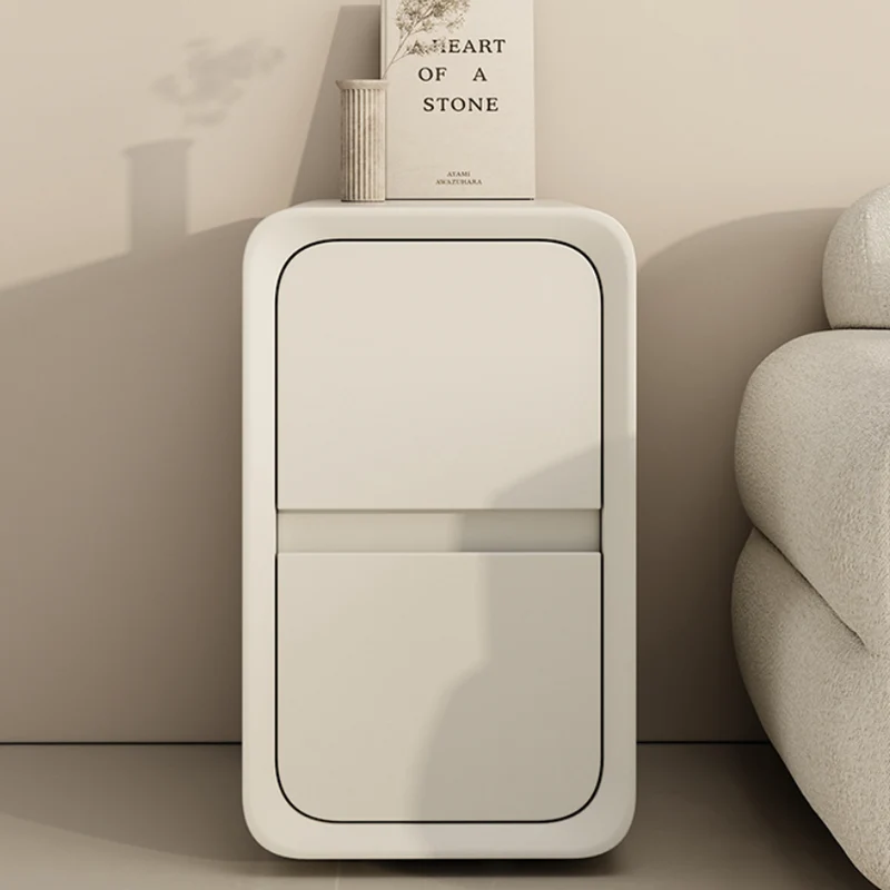 Modern Minimalist MDF Metal Microfiber Leather Rounded Rectangle Nightstand With 2 Drawers For Bedroom