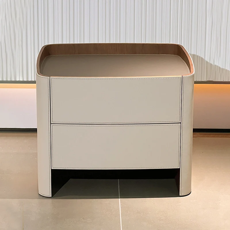 Contemporary Scandinavian Multi-Layer Plywood Saddle-Style Faux Leather Hardware Rounded Square Nightstand With 2 Drawers For Bedroom