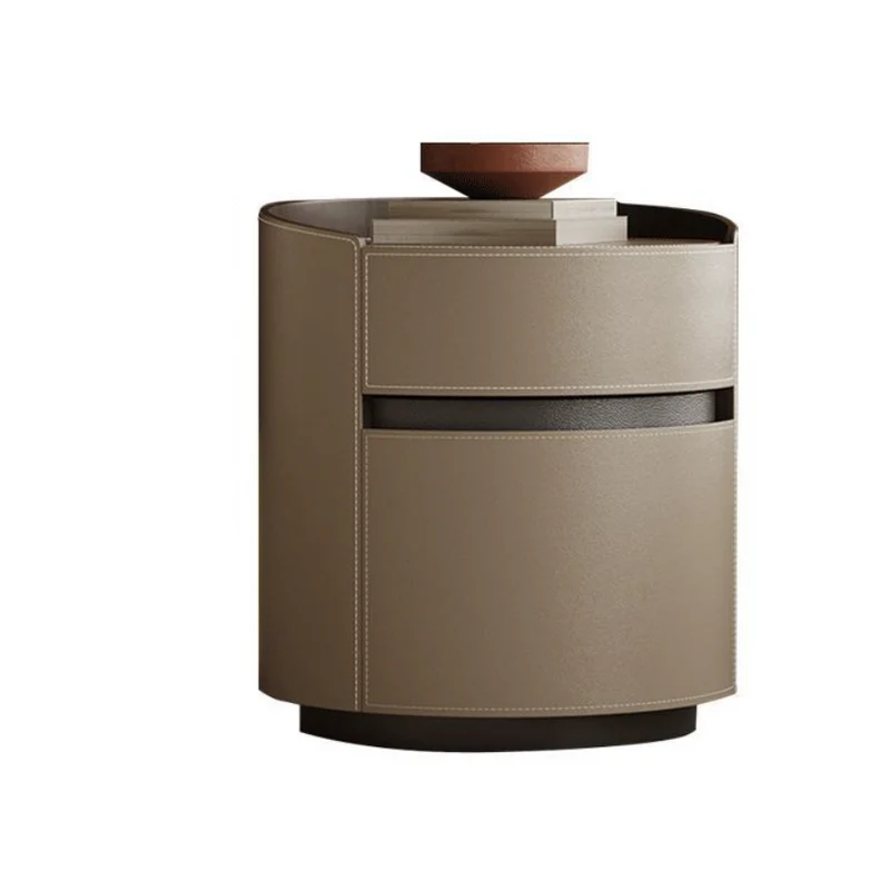 Traditional Vintage Saddle-Style Faux Leather Solid Wood Round Cylinder Nightstand With 2 Drawers For Bedroom