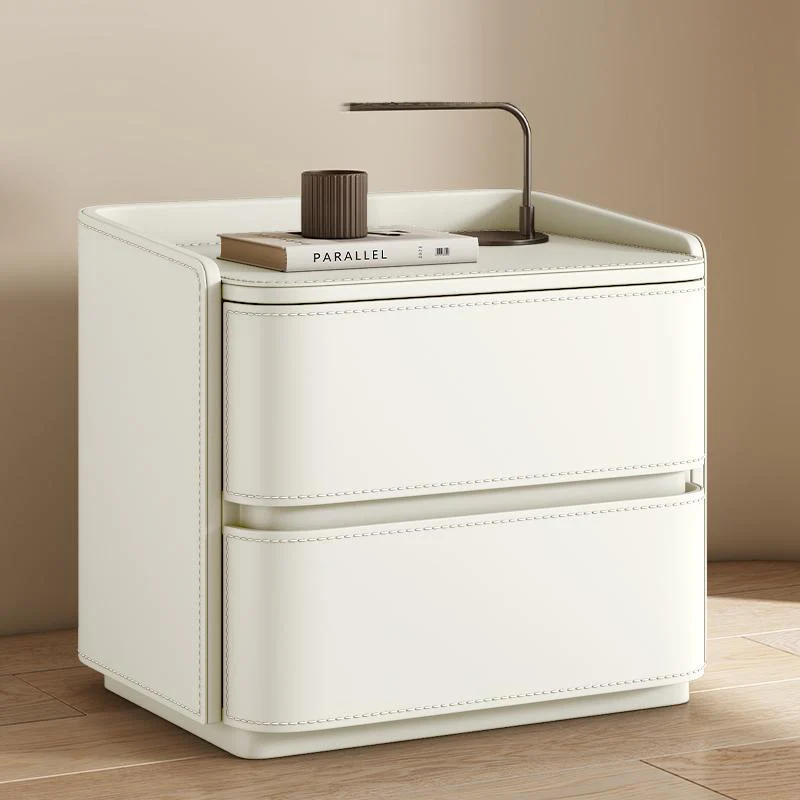 Contemporary Creative Saddle-Style Faux Leather Pine Wood Rounded Square Nightstand With 2 Drawers For Bedroom