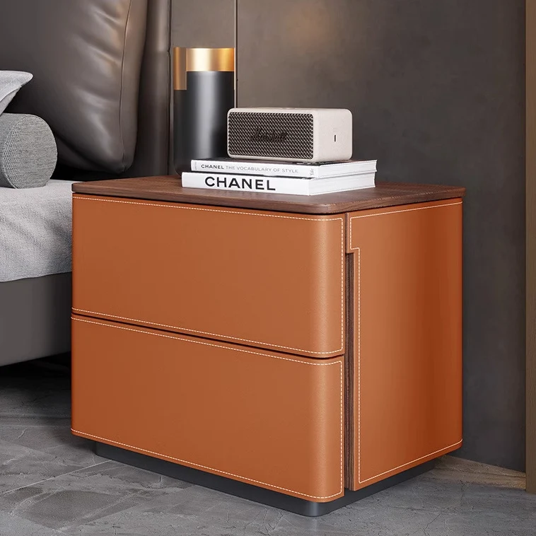 Modern Luxury Saddle-Style Faux Leather Solid Wood Rounded Square Nightstand With 2 Drawers For Bedroom