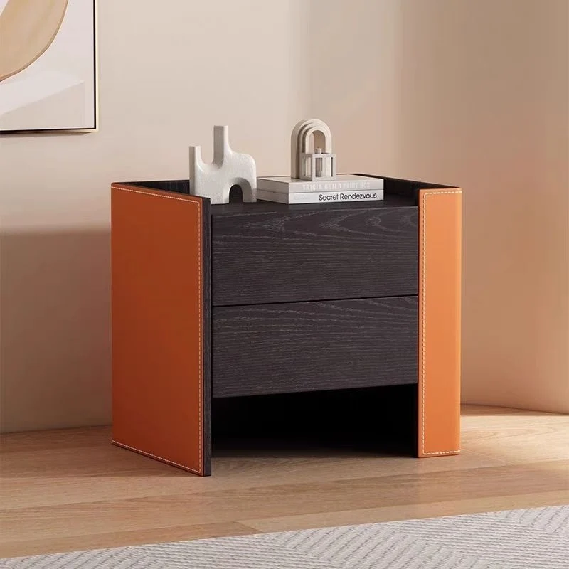 Contemporary Creative Solid Wood Saddle-Style Faux Leather Square Rounded Nightstand With 2 Drawers For Bedroom