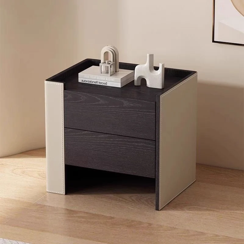 Contemporary Creative Solid Wood Saddle-Style Faux Leather Square Rounded Nightstand With 2 Drawers For Bedroom