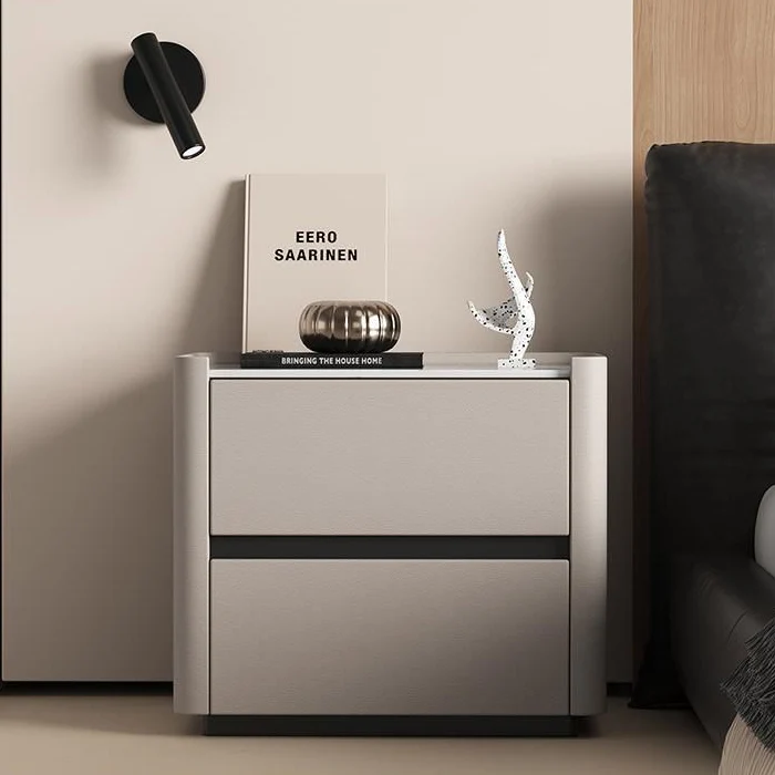 Modern Luxury Sintered Stone Solid Wood Cat-Scratch Leather Rounded Square Nightstand With 2 Drawers For Bedroom