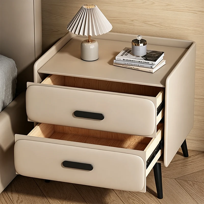 Contemporary Scandinavian Sintered Stone Scratch-Resistant Pet-Friendly Leather Plywood Carbon Steel Pine Rounded Rectangle Nightstand With 2 Drawers For Bedroom