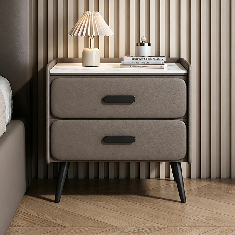 Contemporary Scandinavian Sintered Stone Scratch-Resistant Pet-Friendly Leather Plywood Carbon Steel Pine Rounded Rectangle Nightstand With 2 Drawers For Bedroom