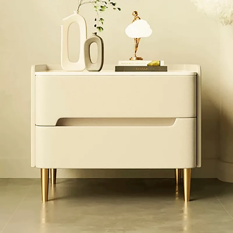 Contemporary Scandinavian Sintered Stone Cat-Scratch Leather MDF Stainless Steel Rounded Square Cylinder Nightstand With 2 Drawers For Bedroom