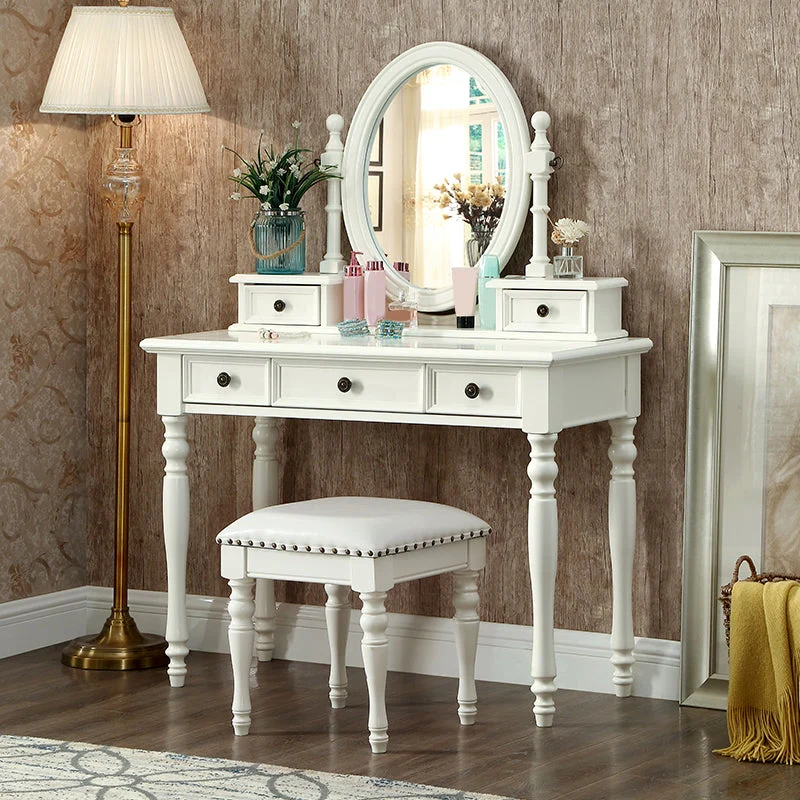 Traditional Mirrored Make-up Vanity Rubber Wood Dressing Table Stool Set