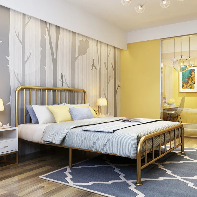 Contemporary Minimalist Bed with Open Frame Headboard Metal Bed Frame