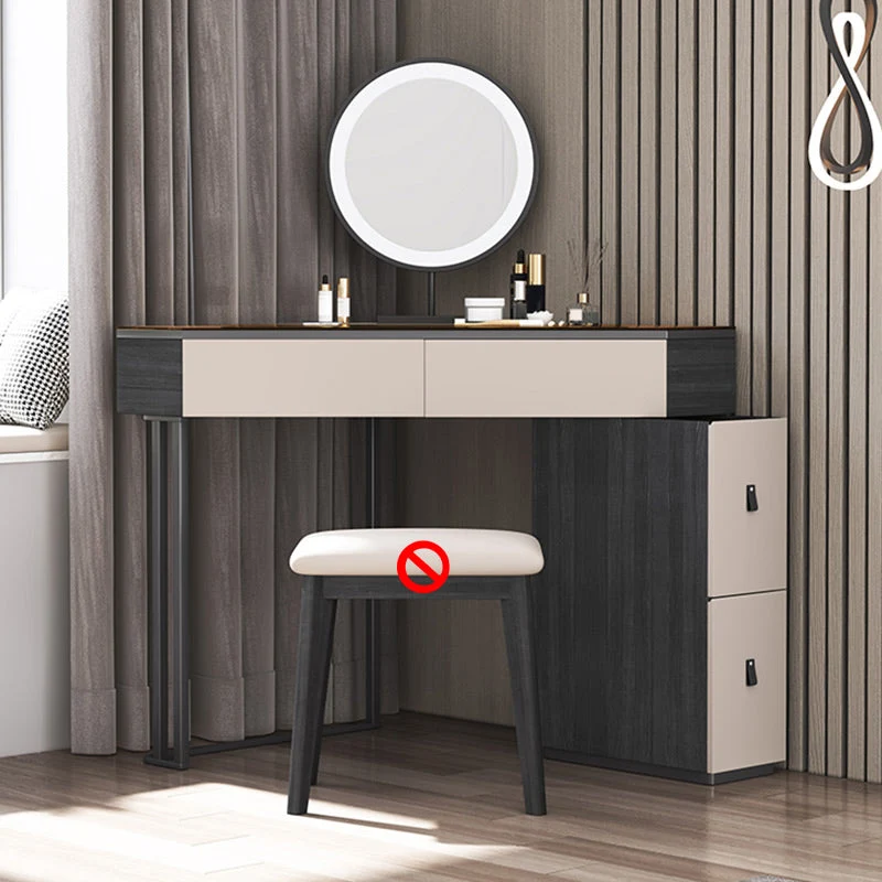 Modern Corner Vanity Table Stool and Mirror Set Glass Top 4-Drawer Dresser