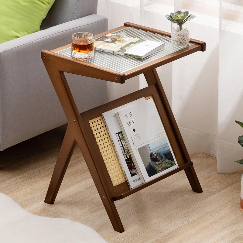 Contemporary Scandinavian Nan Bamboo Medium-Density Fiberboard Glass PE Rattan Side Table For Living Room